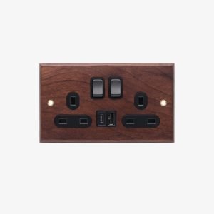 korix 13A Double Switched Socket with Dual USB Ports – Wood Finish