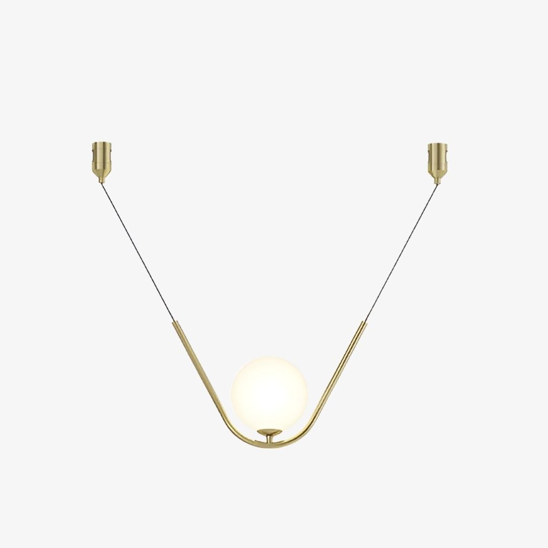 Suspended Globe Magnetic Light with dual cables, curved gold frame and central opal diffuser