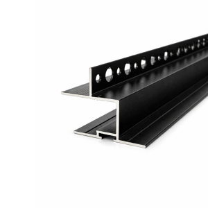 Korix Shadowline Ceiling Profile with dark recessed section and perforated plastering flange