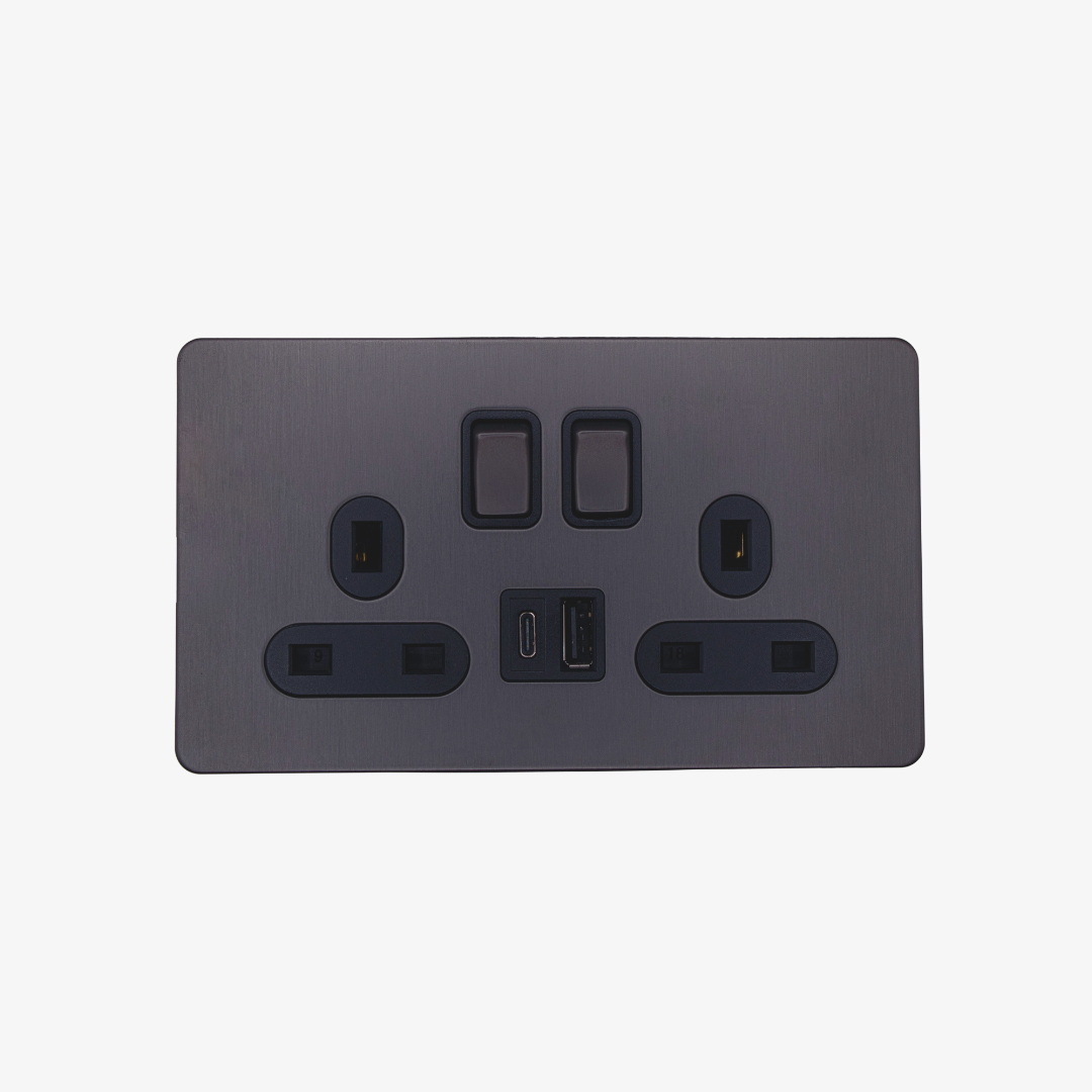 Double Switched Socket with USB-A and USB-C ports in grey