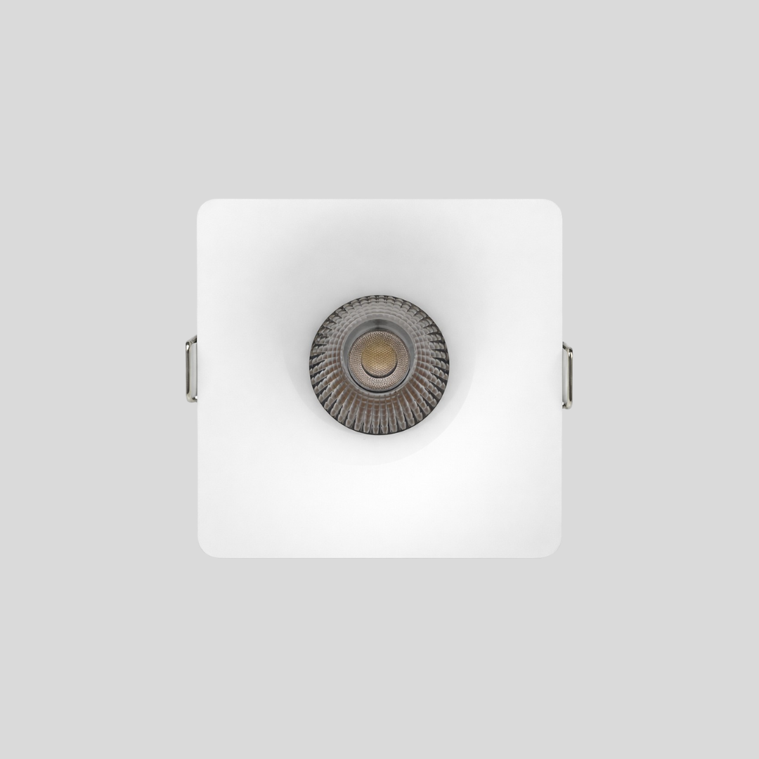 Square Recessed Spotlight with deep circular LED optic and clean white ceiling trim